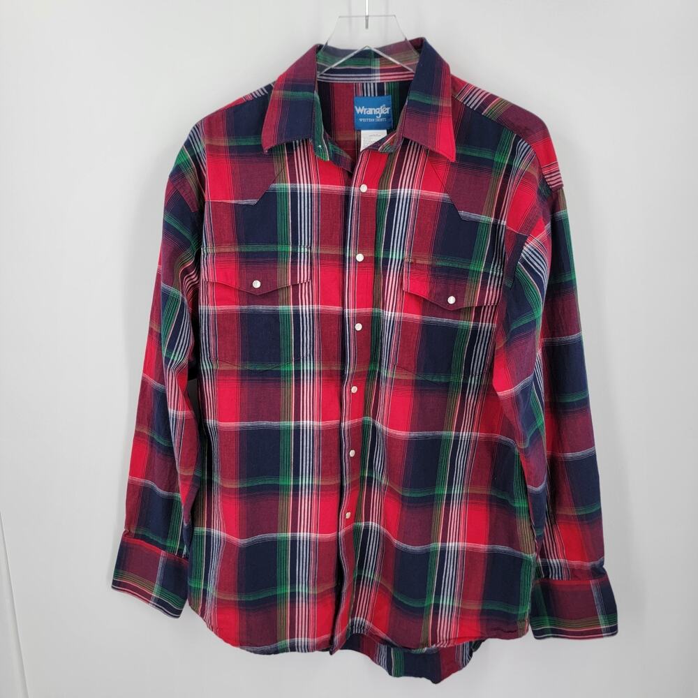 Wrangler Western Shirt Mens Large Red Plaid Pearl Snap Button Up Cowboy Rodeo